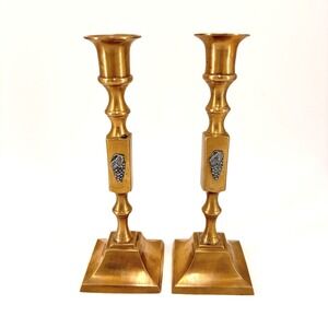 Vintage‎ Brass Candlestick Holders Pair Grape Motif Square Base Tabletop Decor